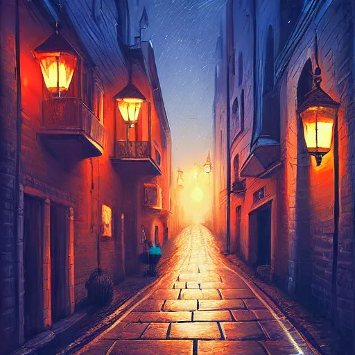 Prompt: A quaint, magical, medieval, winding London street at night, digital painting by Alena Aenami, trending on artstation