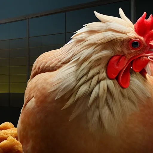 Image similar to photorealistic chicken that is eating chicken nuggets. hyperdetailed photorealism, 1 0 8 megapixels, amazing depth, glowing rich colors, powerful imagery, 3 d finalrender, 3 d shading, cinematic lighting, artstation concept art