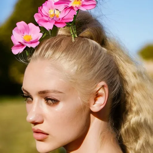 Image similar to vintage photograph of an olive skinned blonde female model in her twenties, her hair pinned up with a pink flower, wearing a designer top, looking content, focused on her neck, photo realistic, extreme detail skin, natural beauty, no filter, slr, golden hour, 8 k, high definition, selfie