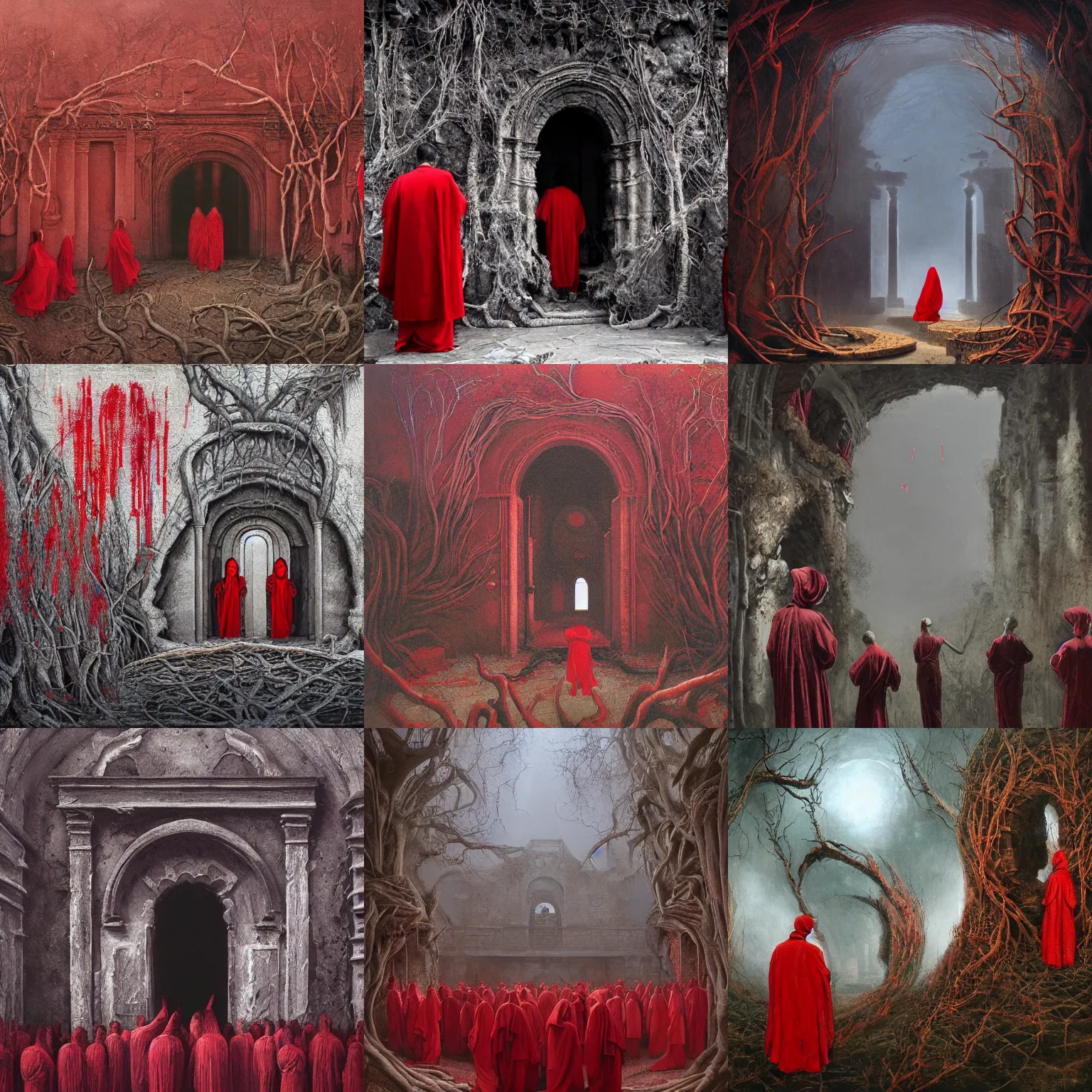 Prompt: cult gathering people in red robes, opening of an sealed ancient door with intricate design leading to a the unknown, stone walls, dead vines, painting, high detailed, fantasy, particles, fog, creepy, tintoretto, beksinski, masanori warugai, wlop, wide shot