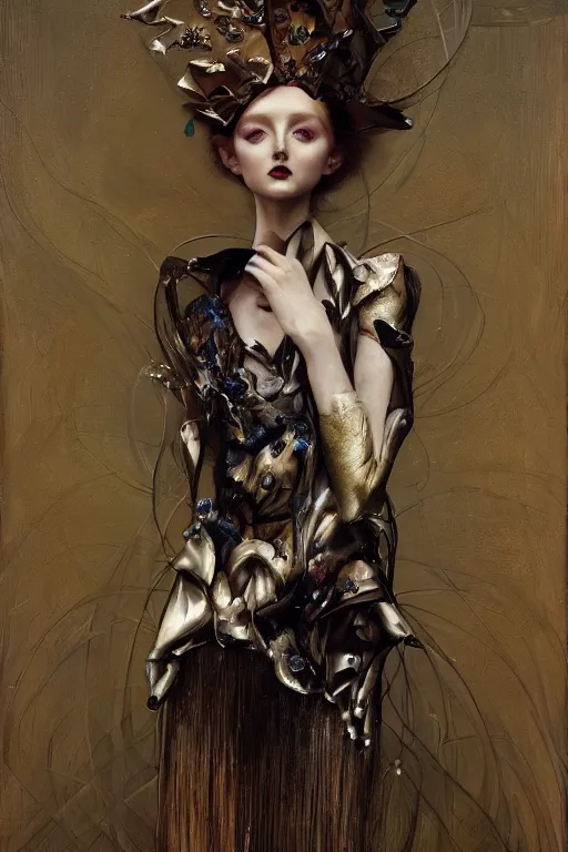 Image similar to an intricate realistic oil painting of a fashion model resembling lily cole, wearing avant garde fashion, clothing by alexander mcqueen, clothing by iris van herpen, headspace, runway, by tom bagshaw, by karol bak, emil melmoth
