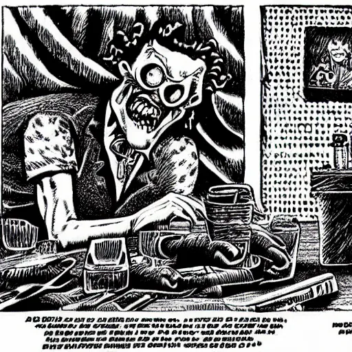 Image similar to a Pop Wonder scary horror themed goofy-hilarious-character r-Crumb, dime-store-comic drawn with charcoal and pen and ink, half-tone-line-stacking