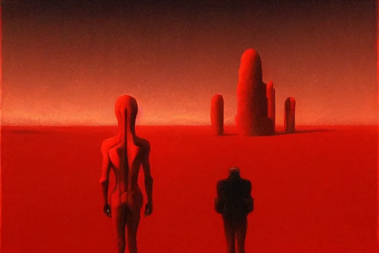 Image similar to only with red, red god of death eat apple, a futuristic city on mars in the background, an ancient path, in the style of beksinski, part by hopper, part by rodcenko, part by hofbauer, intricate composition, red by caravaggio, insanely quality, highly detailed, masterpiece, red light, artstation, 8 k