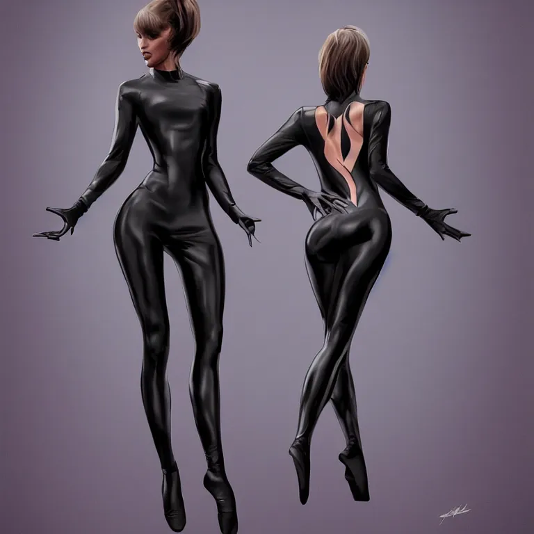 Image similar to dancer one is wearing a tight black suit with reflections by artgerm, retrofuturism, trending on artstation