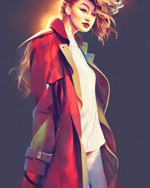 Image similar to gigi hadid wearing fashionable trench coat, volumetric lighting, conrad roset, jesper ejsing, artgerm, artstation, halo of light