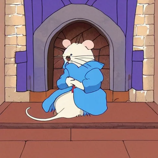 Image similar to studio ghibli mouse dressed in medieval clothing sitting is a big blue armchair, warm lighting, sitting by a small fireplace