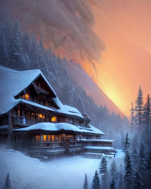 Image similar to mountain chalet covered in fire, smoke, sunrise, snow, sharp details, sharp focus, elegant, highly detailed, illustration, by Jordan Grimmer and greg rutkowski and PiNe(パイネ) and 薯子Imoko and 香川悠作 and wlop and maya takamura, intricate, beautiful, Trending artstation, pixiv, digital Art