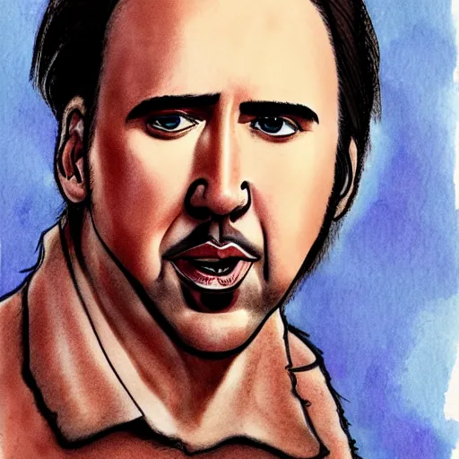 Image similar to nicolas cage with pomegranate body, caricature concept art