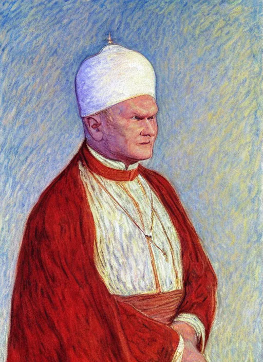 Prompt: portrait of john paul ii wearing piccolo's white turban from dragon ball z by claude monet