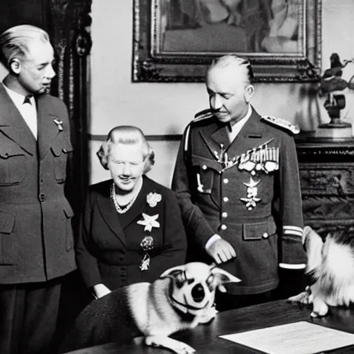 Prompt: ultra wide 1 9 4 6 historical photo of a single german general signing a peace treaty, a young queen elizabeth holds a corgi and watches the general sign the treaty, french village interior, highly detailed, sharp focus