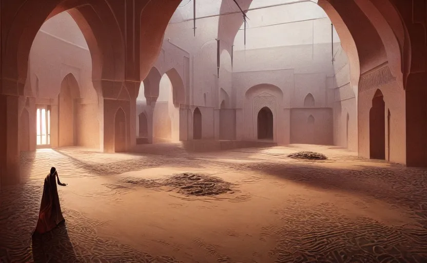 Prompt: Interior shot painting of an interior Moroccan Castle with glossy ceramic floor in the middle of desert with dunes by Greg Rutkowski and Craig Mullins, Dark atmospheric sad and cinematic lighting, Trending on artstation