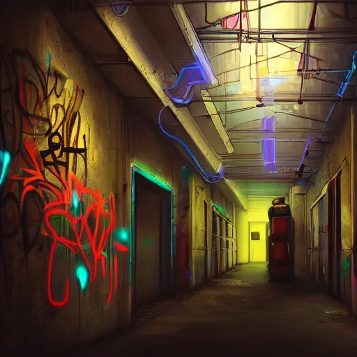 Image similar to graffiti on a wall in an old building, happy mood, cyberpunk, futuristic, neon, high detail, golden light, realistic