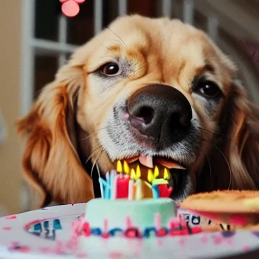 Prompt: a realistic photo of a dog eating a birthday cake