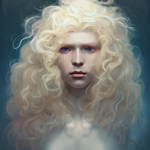 Image similar to prompt portrait of a beautiful androgynous blond man, albino pale white skin and long fluffy curly blond hair, Center parted curtain bangs, close up view, head and upper body, looking upward, fullface, light from above, by Peter Mohrbacher, trending on artstation, 8k