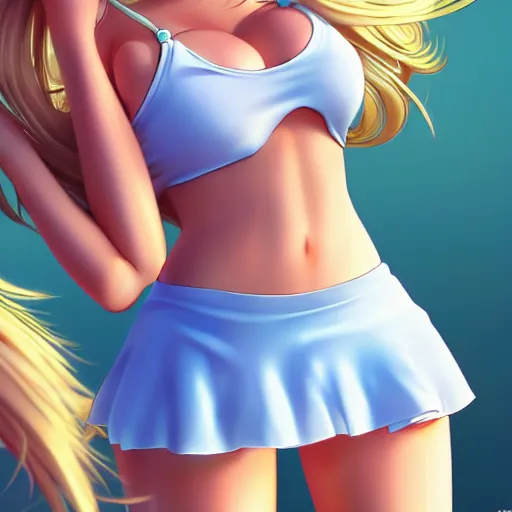 Image similar to a very beautiful young anime tennis girl, full body, long wavy blond hair, sky blue eyes, full round face,, bikini, miniskirt, front view, mid - shot, highly detailed, cinematic wallpaper by stanley artgerm lau
