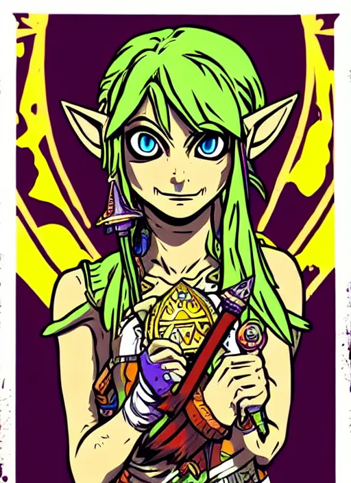 Prompt: fierce diety link from legend of zelda majoras mask!! portrait illustration, pop art, splash painting, art by geof darrow, ashley wood, alphonse mucha, makoto shinkai