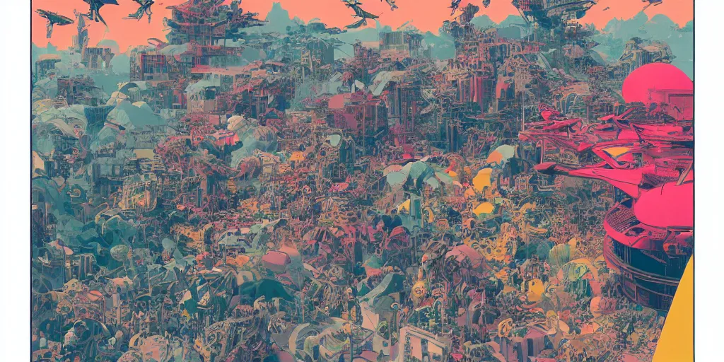 Image similar to risograph rendition, gigantic mecha arzach birds with dragonflies, tiny rats, a lot of exotic animals around, big human faces everywhere, helicopters and tremendous birds, by satoshi kon and moebius, matte bright colors, surreal design, crispy, super - detailed, a lot of tiny details, fullshot