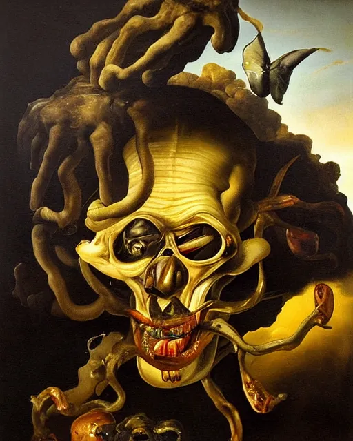 Image similar to refined gorgeous blended oil painting with black background by christian rex van minnen rachel ruysch dali todd schorr of a chiaroscuro portrait of an extremely bizarre disturbing mutated man with shiny skin acne dutch golden age vanitas intense chiaroscuro cast shadows obscuring features dramatic lighting perfect composition masterpiece