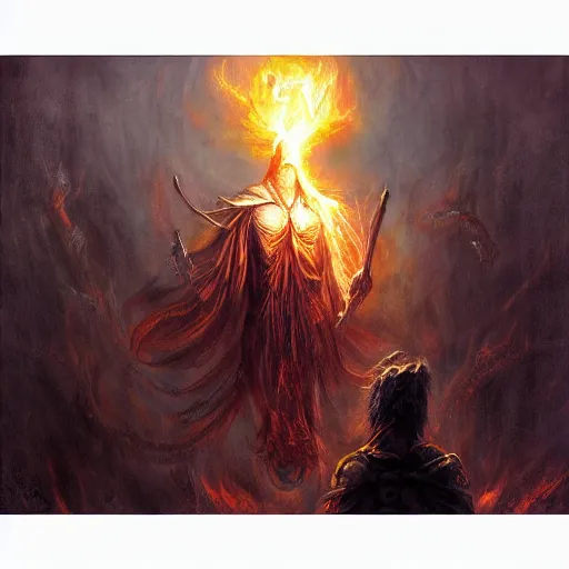 Image similar to magic the gathering koth bringer of fire - art by seb mckinnon