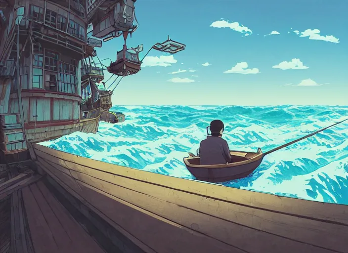 Image similar to anime three - point perspective illustration of a man fishing on a row boat in the middle of the ocean, by kim jung gi, paul heaston, makoto shinkai, simon stalenhag, greg rutkowski, hayao miyazaki, by studio ghibli. digital art, panaromic view, wide angle shot, trending on art station, cinematic, fish eye