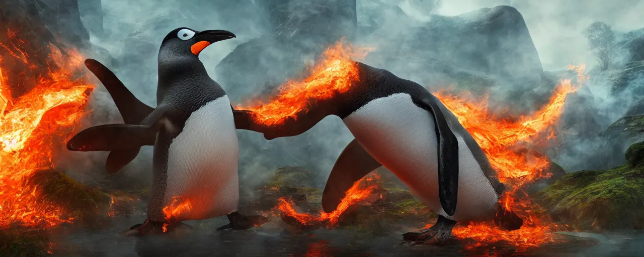 Prompt: a giant penguin breathing fire into a rainforest, large scale, breathtaking, mixed media, digital art, trending on artstation, 8k, epic composition, highly detailed, AAA graphics