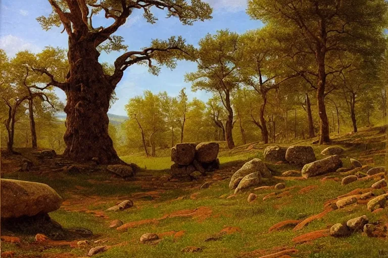 Image similar to runestone, runic inscription, megalithic, monument, nature, trees, focused, centered, very detailed, norse, history, oil painting, Albert Bierstadt