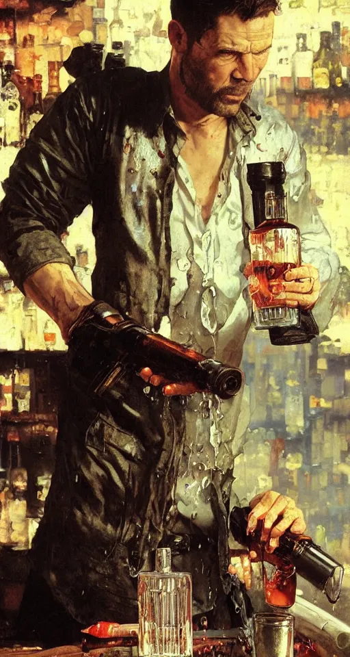 Image similar to close up of bloodied max payne pouring vodka, sun shining, photo realistic illustration by greg rutkowski, thomas kindkade, alphonse mucha, loish, norman rockwell.