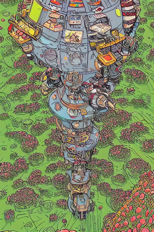 Image similar to exotic garden spaceship in space in the style of geof darrow, geof darrow art,