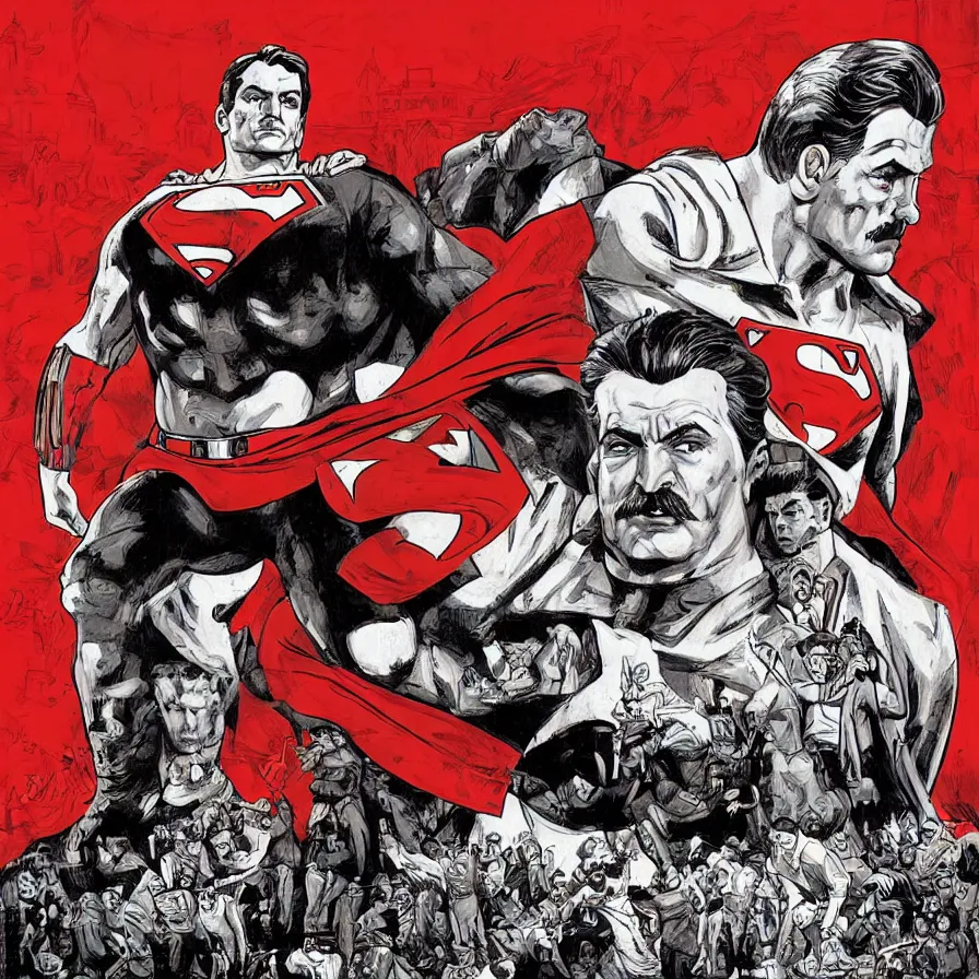 Prompt: epic comic book cover of stalin as superman floating over the red square ( moscow ), aesthetically pleasing, socialist realism, finely detailed features, photorealistic, intricate digital art, trending artstation, artgem, rich moody colors, fan art, concept art, in the style of the red son, by cory walker and ryan ottley