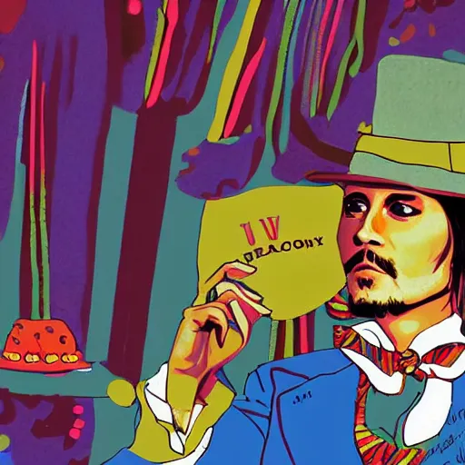 Image similar to Johnny Depp is covered in a blanket and drinking tea in Willy Wonka's Chocolate Factory, Illustration, Colorful, by Liu Wei