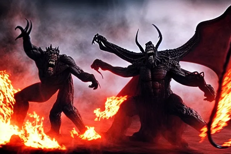 Image similar to movie still, huge balrog fighting normal sized gandalf at the bridge of khazad - dum, style of h. r. giger, fiery, dark, realistic movie still, cinematic, cgi,