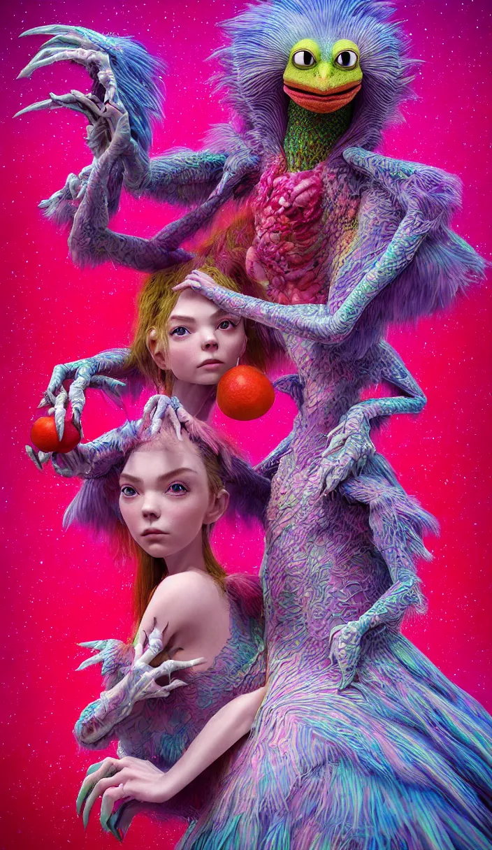 Image similar to hyper detailed 3d render like a Oil painting - kawaii portrait of two Aurora (a beautiful skeksis muppet fae princess protective playful from dark crystal that looks like Anya Taylor-Joy) seen red carpet photoshoot in UVIVF posing in scaly dress to Eat of the Strangling network of yellowcake aerochrome and milky Fruit and His delicate Hands hold of gossamer polyp blossoms bring iridescent fungal flowers whose spores black the foolish stars by Jacek Yerka, Ilya Kuvshinov, Mariusz Lewandowski, Houdini algorithmic generative render, Abstract brush strokes, Masterpiece, Edward Hopper and James Gilleard, Zdzislaw Beksinski, Mark Ryden, Wolfgang Lettl, hints of Yayoi Kasuma and Dr. Seuss, octane render, 8k