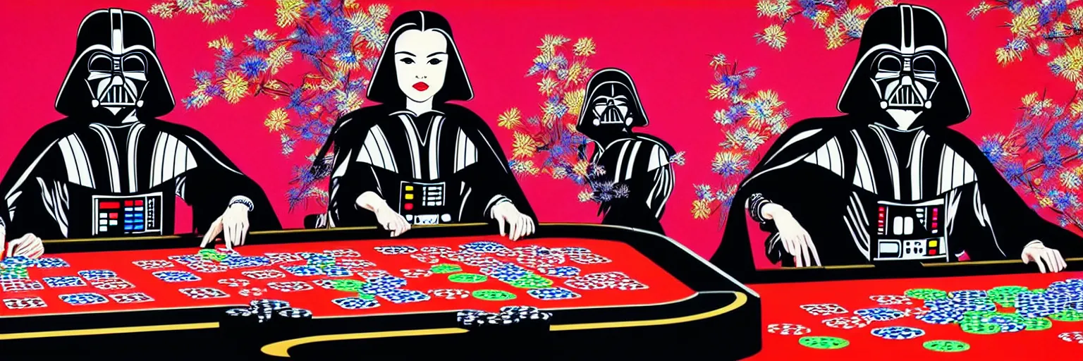 Image similar to hyperrealism composition of the detailed woman in a japanese kimono sitting at an extremely detailed poker table with darth vader, terminator, fireworks on the background, pop - art style, jacky tsai style, andy warhol style, acrylic on canvas