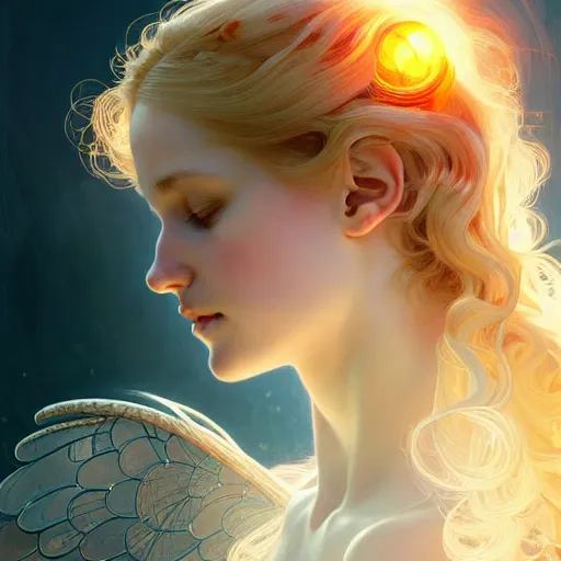 Prompt: Portrait of a girl with blonde hair, a glowing halo, a sheer translucent vale, huge highly detailed wings, fantasy, intricate, elegant, highly detailed, digital painting, artstation, concept art, smooth, sharp focus, illustration, art by Krenz Cushart and Artem Demura and alphonse mucha