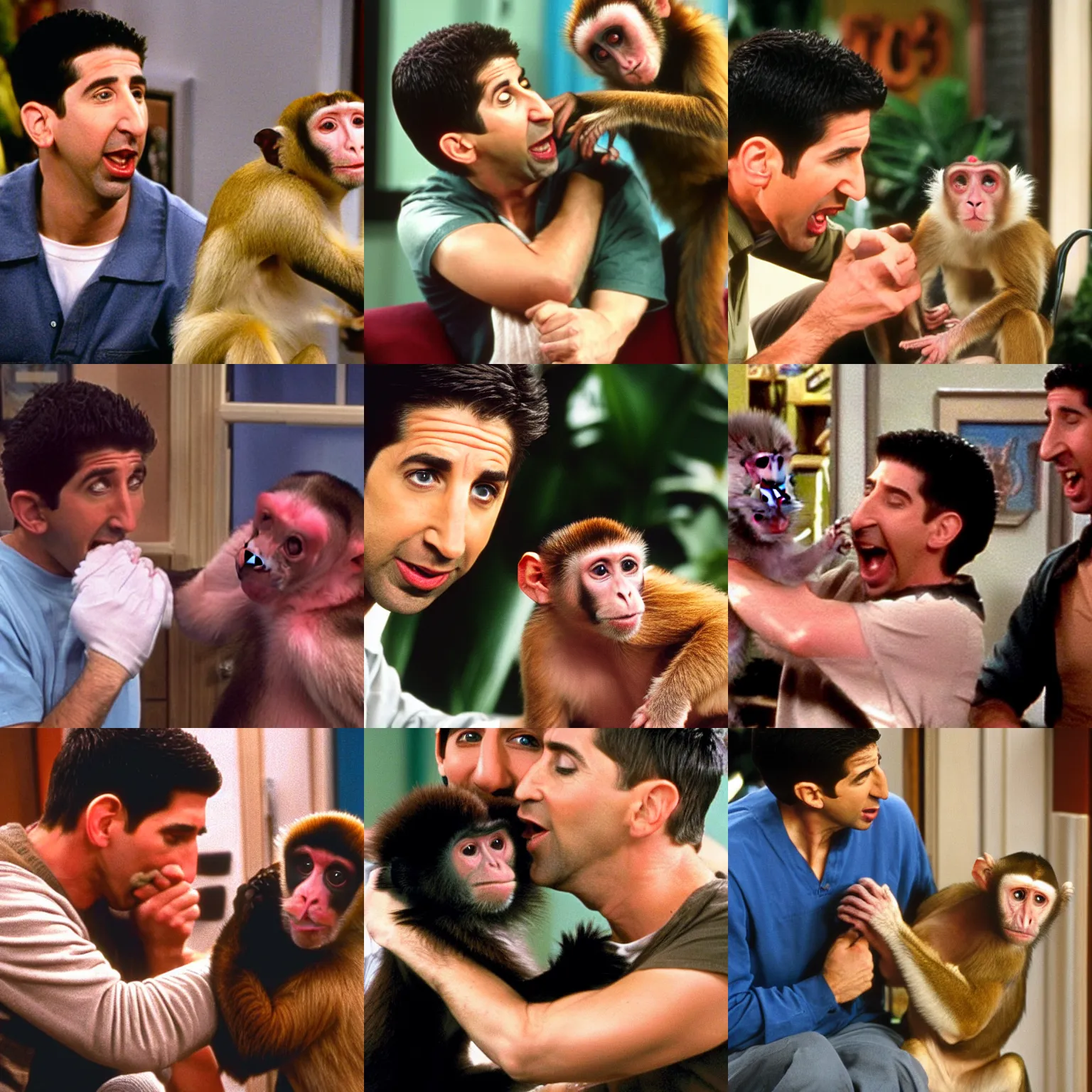 Prompt: ross geller in his apartment being bitten on the arm by a capuchin monkey, ross geller screaming, friends 9 0 s sitcom,