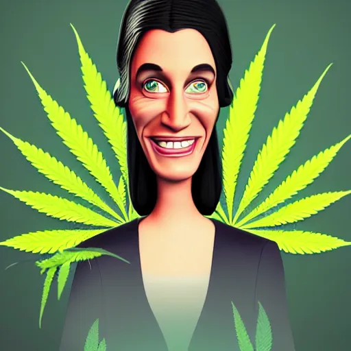 Image similar to cartoon caricature portrait of a cannabis themed character. octane 4 k render by eyvind earle, female australian award winning political comedy illustration