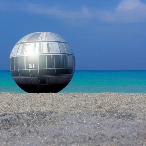 Image similar to a beautiful beach front clear skies, crystal clear water with the death star in the backround, ultra hd