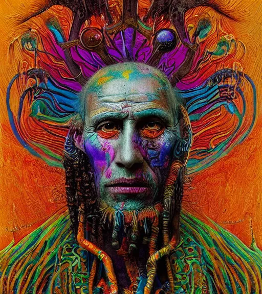 Image similar to Portrait painting in a style of Beksinski mixed with Alex Grey of an old shaman dressed in a colorful traditional clothes. Very psychodelic