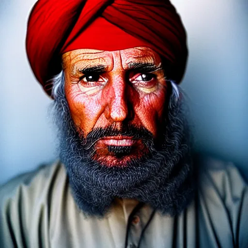 Image similar to portrait of president donald trump as afghan man, green eyes and red turban looking intently, photograph by steve mccurry