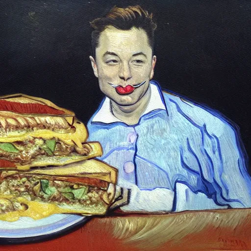 Image similar to a beautiful oil painting of elon musk eating a panini, 8k , award winning , made in 1800's , old , painted by vincent van gogh