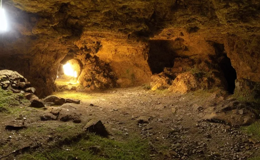 Image similar to cave built into an early medieval village lit by torches, plants