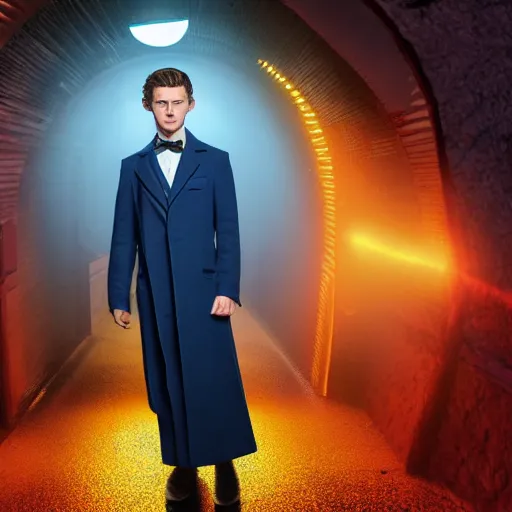 Image similar to tom holland with a beard in a dark blue trenchcoat with an orange bowtie as the new doctor who, cinematic, volumetric lighting, f 8 aperture, cinematic eastman 5 3 8 4 film, photorealistic