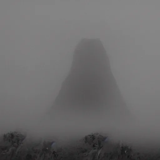 Prompt: old black and white photo of a distant giant monster peeking through the fog, creepy, scary, surreal,