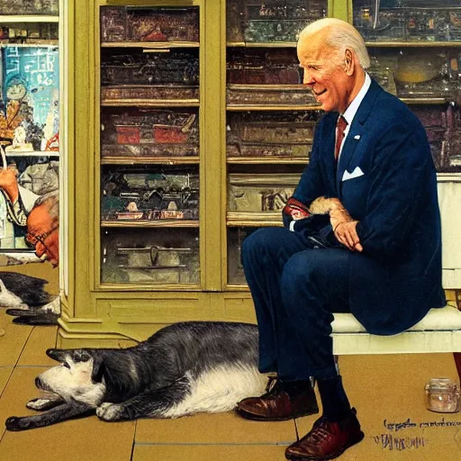 Prompt: joe biden forgets to breathe and falls over in a shop, painted by norman rockwell and tom lovell and frank schoonover