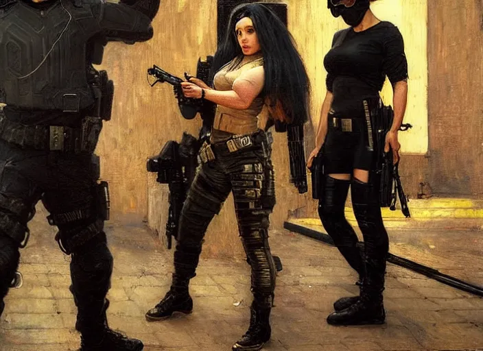 Image similar to sophia evades sgt griggs. Cyberpunk hitwoman escaping Cyberpunk policeman in combat gear. (police state, Cyberpunk 2077, blade runner 2049). Cyberpunk Iranian orientalist portrait by john william waterhouse and Edwin Longsden Long and Theodore Ralli and Nasreddine Dinet, oil on canvas. Cinematic, Dramatic lighting.