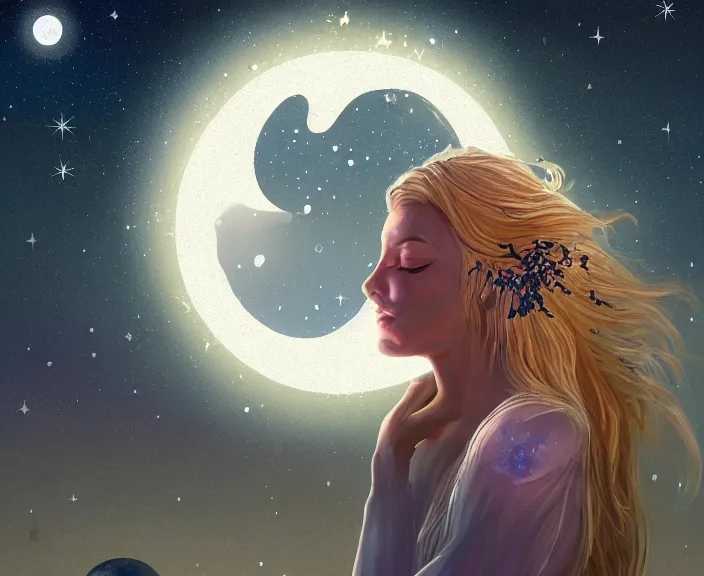 Prompt: an illustration of the spiritual goddess of essential oils, with starry dusted light and a moon, high contrast, highly detailed, sharp focus, digital painting, illustration, trending on artstation,