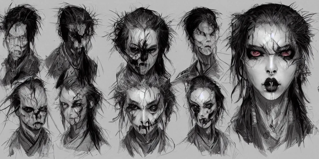 Image similar to gothic character face detail designs, Kim Jung Gi, Greg Rutkowski, character sheet, Darek Zabrocki, Karlkka, Jayison Devadas, Phuoc Quan, trending on Artstation, 8K, ultra wide angle, pincushion lens effect