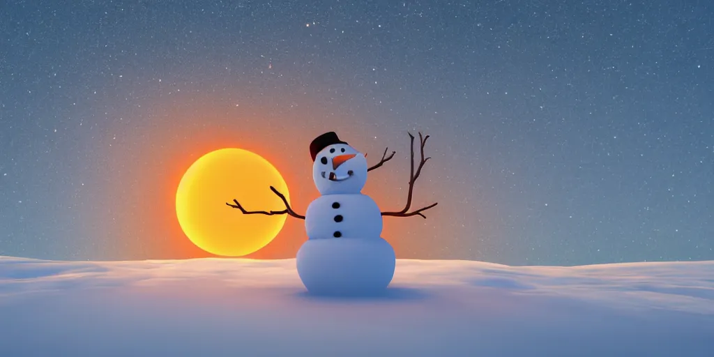 Image similar to a snowman standing on top of the sun. the ground is made from fire and lava and is glowing orange. cinematic, dramatic, atmospheric, extremely coherent, 8 k, space