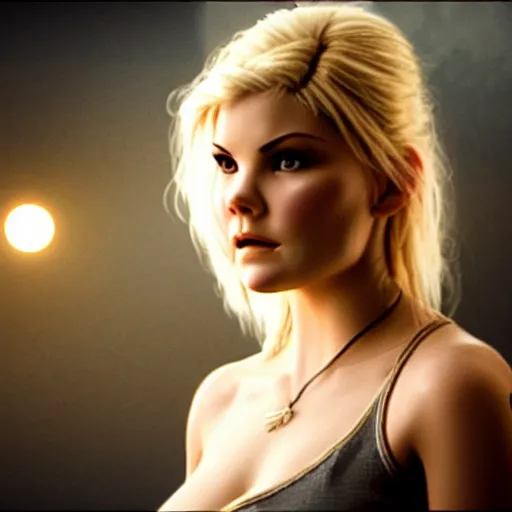 Prompt: cinematic scene with elisha cuthbert as the goddess of war, dramatic, small details, volumetric lighting