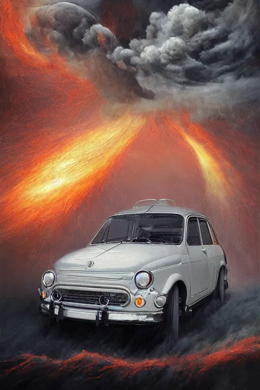 Image similar to Intricate stunning highly detailed white Fiat 600 from the 60s built in Argentina, digital painting by agostino arrivabene and Vladimir Kush, surreal, ultra realistic, Horror vacui, dramatic lighting, full moon, thick black swirling smoke tornado, burning fire embers, artstation